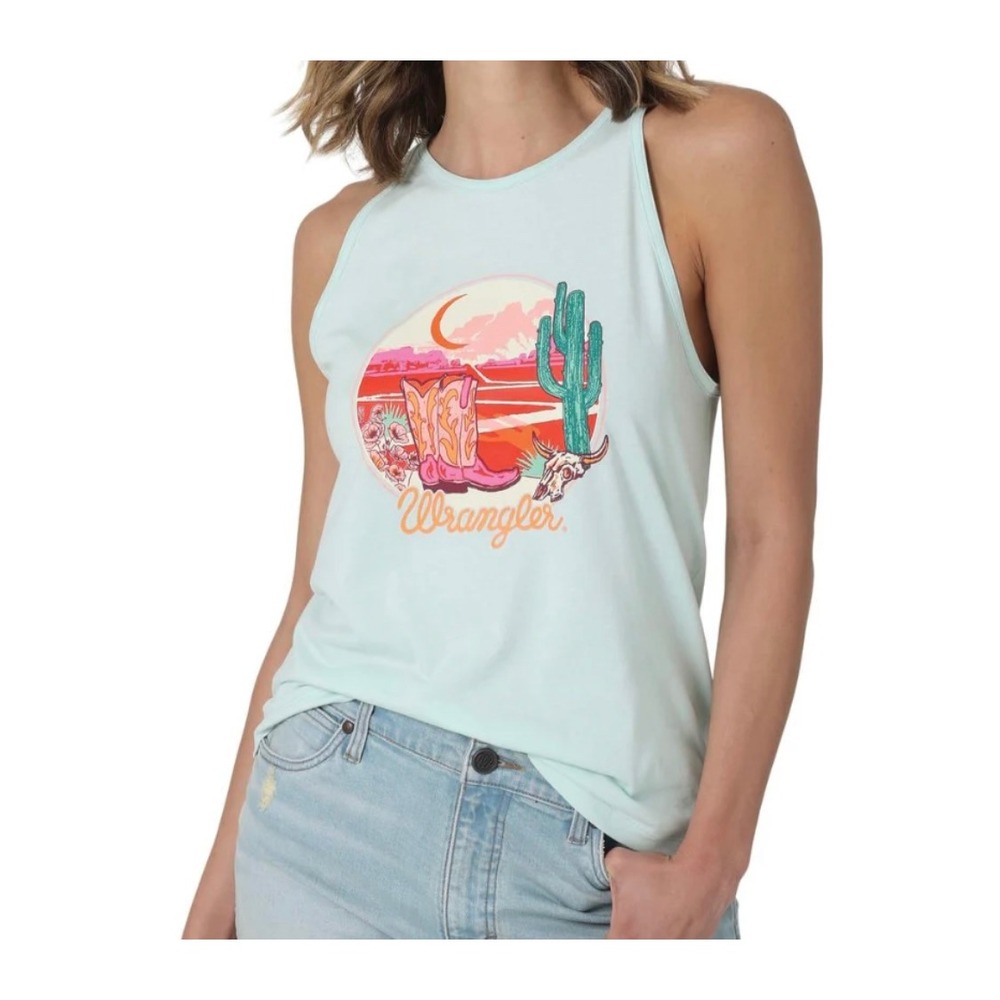 Wrangler Tank‎ Top Women XXL Mint Green Retro Western Desert Graphic Cotton